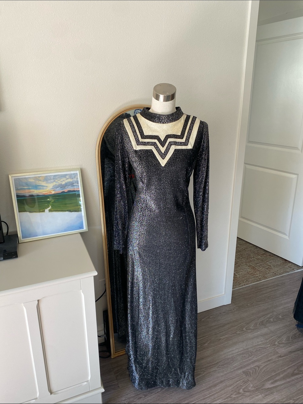 Vintage 1970s Black and Silver Lurex Maxi Dress